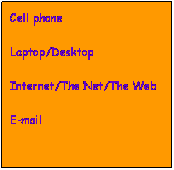 Cuadro de texto: &nbsp;
Cell phone
&nbsp;
Laptop/Desktop
&nbsp;
Internet/The Net/The Web
&nbsp;
E-mail
&nbsp;

