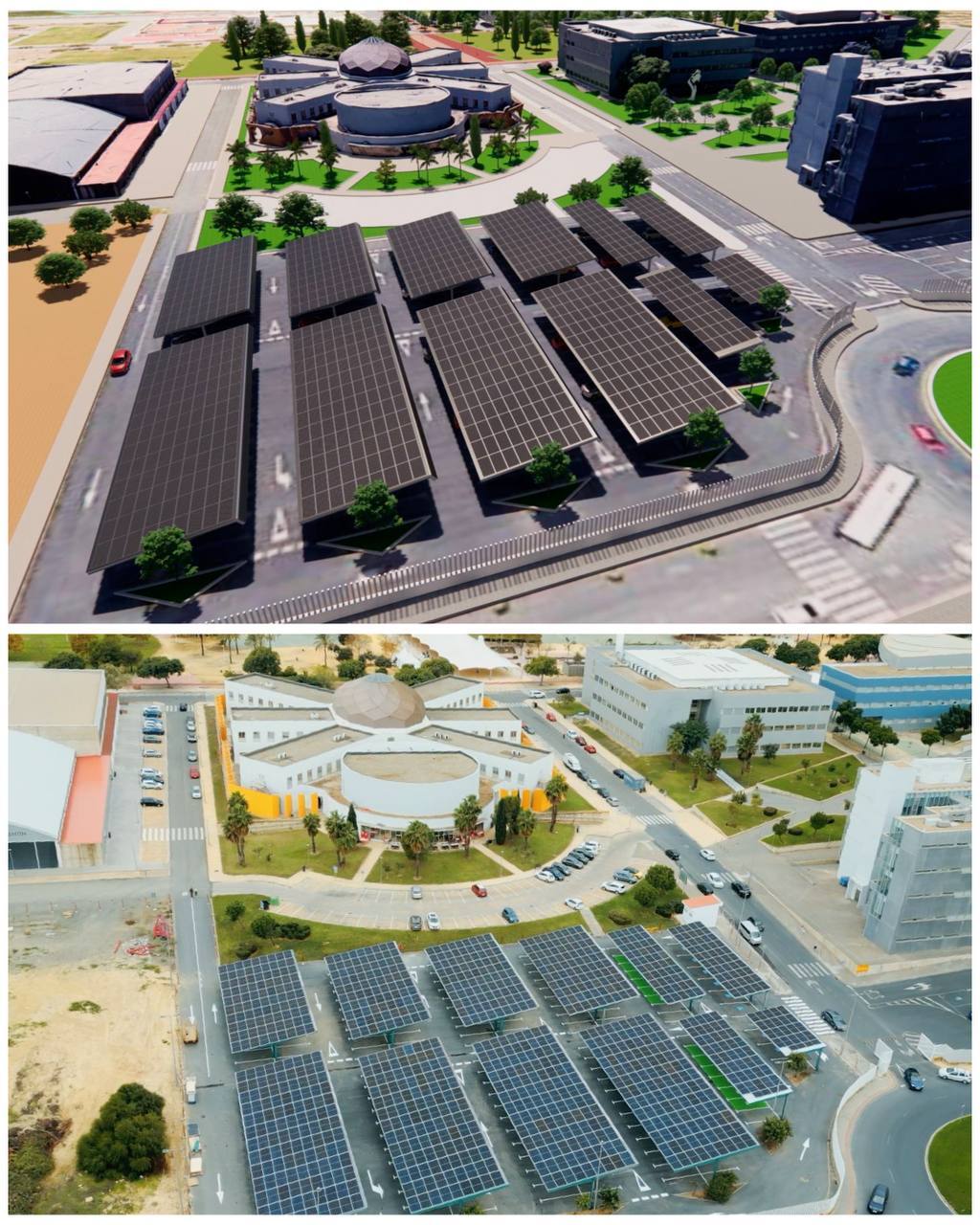 Las obras de las marquesinas fotovoltaicas del campus de El Carmen, en la última fase del proyecto